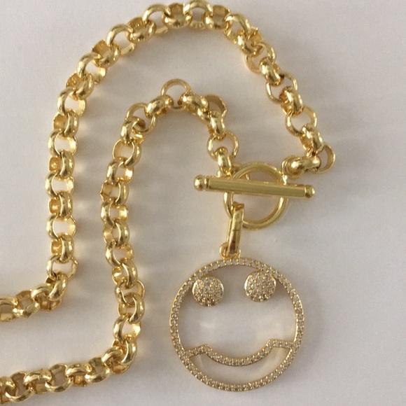 Gold rolo chain with CZ smiley face charm. - Picture 3 of 3